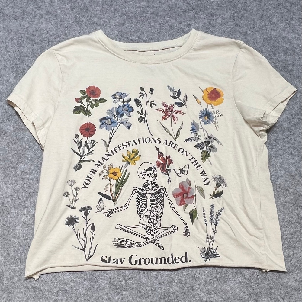 Wound Up‎ Manifest Stay Grounded Skeleton Floral Graphic Crop Tee Cream XXS 00